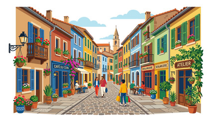 Colorful European Street Scene with People and Cafes © hidayati