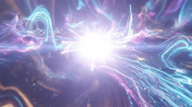 Abstract colorful glowing energy waves flowing through a cosmic landscape.