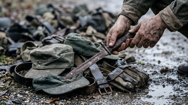 Close up of dirty hands holding a rusty military bayonet over a pile of vintage army caps, belts, and combat gear in the mud