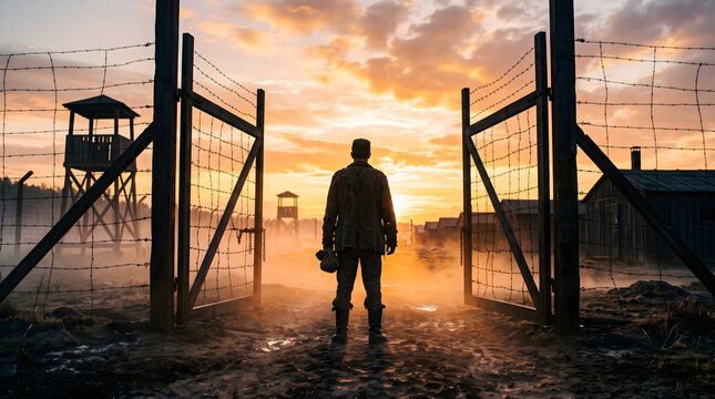Silhouette of a man standing before open barbed wire gates of a historic prison camp during a dramatic golden sunset