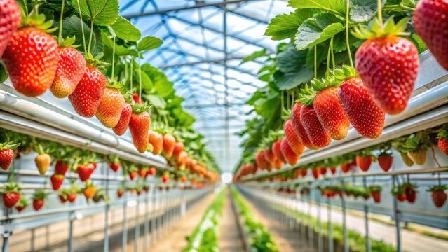 Fresh Ripe Strawberries on Hydroponic Farm Greenhouse Trellis