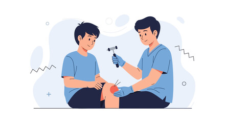 Fototapeta premium Doctor examining a young patient's knee with a reflex hammer, medical illustration