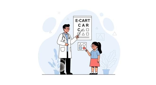 Doctor examining a child's vision with an eye chart and shapes, vector illustration