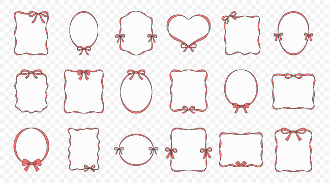 Decorative Red Bow Frame Set, Vector Illustration. Feminine Frame Collection with Oval, Round, Heart, Ornamental Label Shapes, Ribbon Bow Frames for Wedding Invitations, Cards, Branding