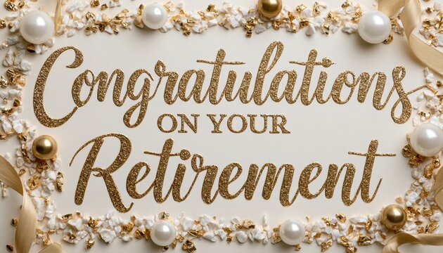 Retirement greeting card with glitter gold script text and pearl accents