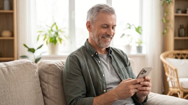 Smiling happy senior mature middle aged man holding cell mobile phone using smartphone sitting at home on couch, scrolling social media, checking financial apps, buying online, texting messages.