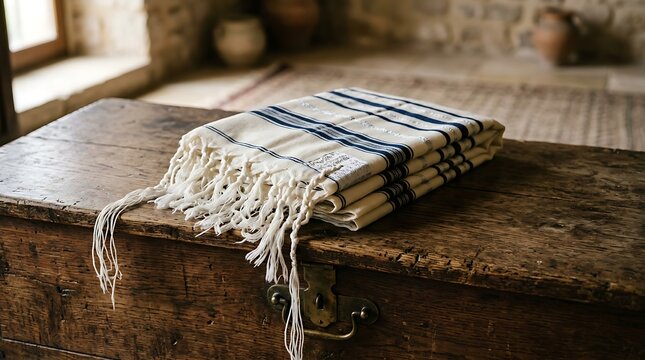 Traditional tallit prayer shawl folded on a vintage wooden chest