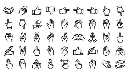 Fototapeta premium Modern Hand Gestures Icon Set with Handshake Thumbs Up Pointing and Communication Line Symbols