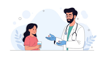 Fototapeta premium Doctor giving patient medicine and glass of water, medical consultation, healthcare concept vector illustration