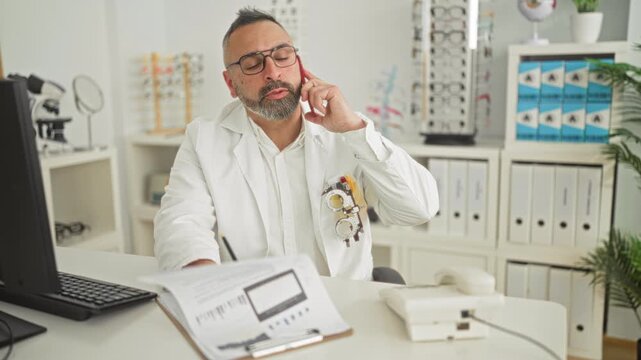 Man optician wearing glasses and trial frame clipped holds phone to ear and writes with pen while reviewing chart at desk in building; focused care.