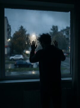 Silhouette of a lonely man looking out of a window on a rainy day.