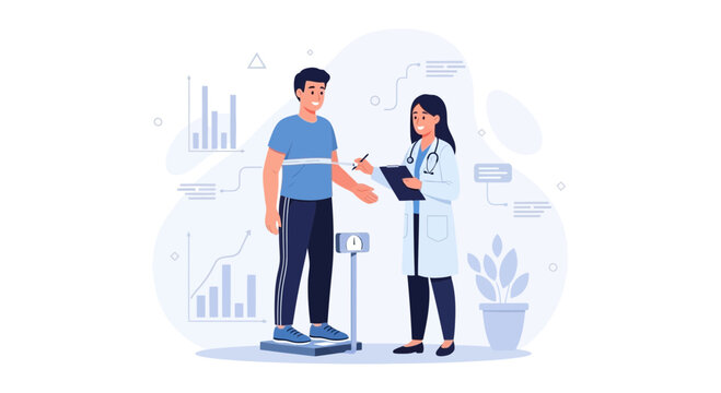 Doctor measuring patient's waist circumference during a medical check-up, with charts and graphs indicating health progress.