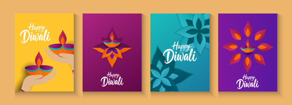 Diwali festival of lights with oil lamps, colorful waves and beautiful flowers of lights. Happy Diwali Hindu festival modern design set poster, cards, banner flayer background.