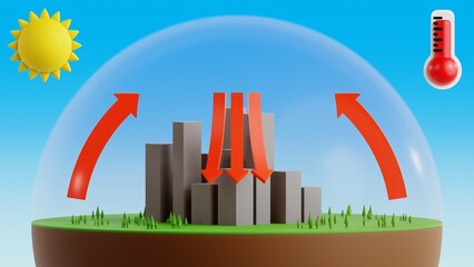 Heat dome infographic showing descending hot air trapped over a modern city beneath a transparent atmospheric dome in a low poly 3D style, explaining heatwave formation, urban heat, climate change. © Zulfikar