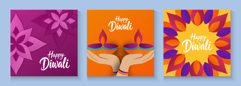 Diwali festival of lights with oil lamps, colorful waves and beautiful flowers of lights. Happy Diwali Hindu festival modern design set poster, cards, banner flayer background.