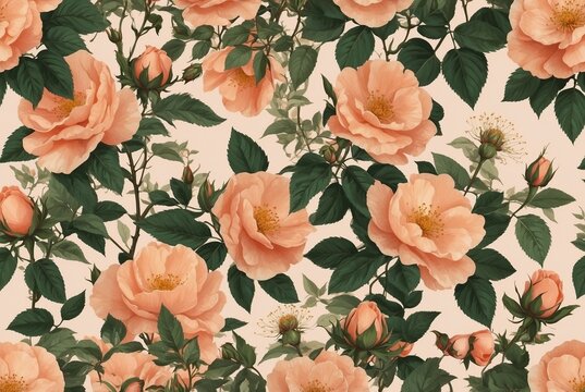 Soft peach colors of summer evening time wild roses with a flat illustration in a clip art style