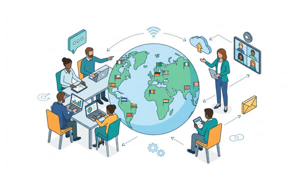 Global teamwork isometric vector illustration with world globe and digital communication