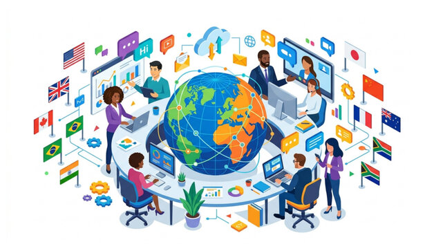 Isometric global collaboration vector with people globe and communication icons