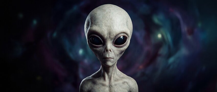 An extraterrestrial being with large, dark eyes and grey skin stands against a backdrop of swirling nebulae and distant stars, representing the vast unknown of the cosmos.