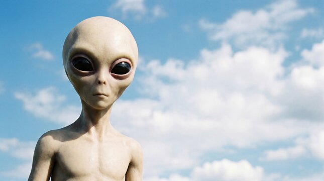 A realistic depiction of an extraterrestrial being with large, dark eyes and pale skin stands against a backdrop of a clear blue sky with fluffy white clouds.