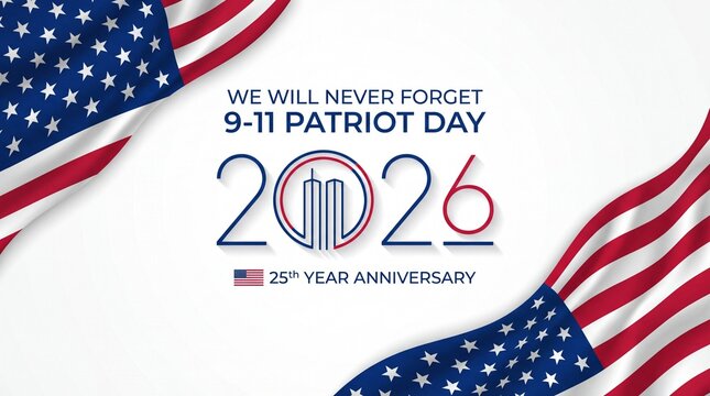 A commemorative banner for Patriot Day 2026, marking the 25th anniversary of the 9/11 tragedy with American flags and a symbolic Twin Towers graphic.