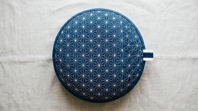 Round blue meditation cushion with white geometric star pattern