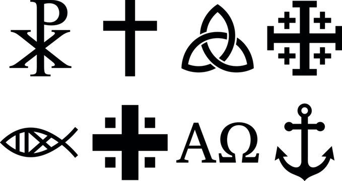 Christian Religious Symbol Icon Set with Cross, Chi Rho, Ichthys Fish, and Trinity Knot Silhouettes for Church Graphics and Spiritual Designs