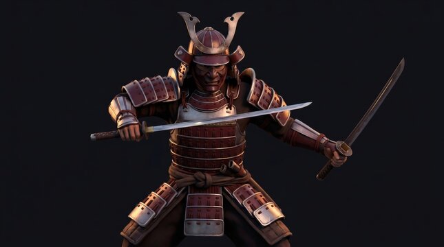Powerful Japanese Samurai Warrior in Full Red Yoroi Armor with Dual Katana Swords