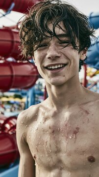 Hot Summer season lifestyle theme. A closeup portrait of a young man at a water park. He has wet, wavy brown hair and is shirtless, revealing visible red spots on his chest and arms.