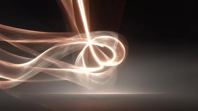 Glowing light trails swirl and intersect in a dark space with a smooth surface