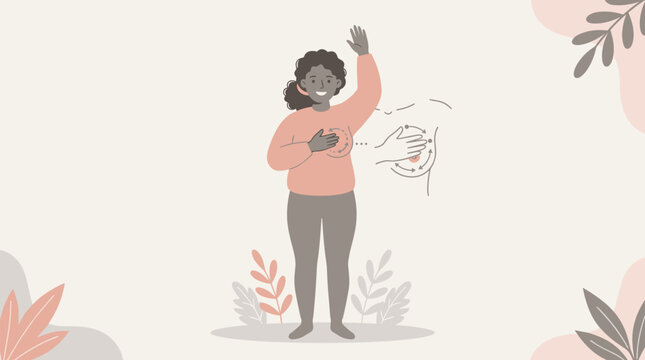 Mulher faz autoexame das mamas com gesto de sauda&ccedil;&atilde;o e ilustra&ccedil;&atilde;o explicativa
