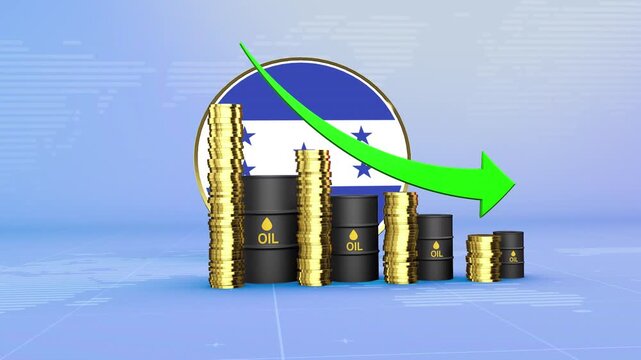 Honduras Oil Prices Decline with Oil Barrels, Gold Coins and Downward Green Arrow, 3D Economic and Financial Market Concept