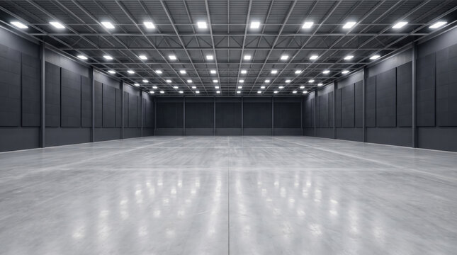 Modern warehouse garage gym style interior with bright light and shiny concrete floor surface. Fitness sport exercise training. strength weight dumbbell equipment, home indoor room interior