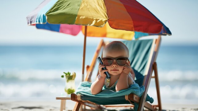 Hot Summer season lifestyle theme. A vivid, sunlit beach scene features a young child seated on a deck chair under a colorful umbrella.