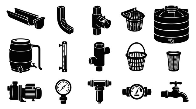 Water Management, Plumbing  Irrigation System Components Black  White Glyph Icons Set
