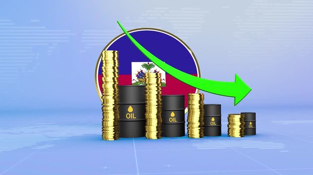 Haiti Oil Prices Decline with Oil Barrels, Gold Coins and Downward Green Arrow, 3D Economic and Financial Market Concept