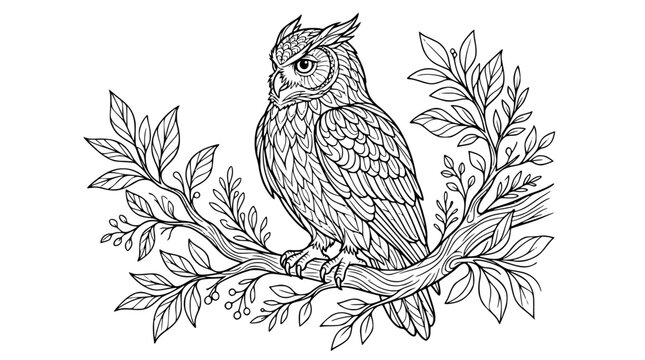 Owl on a Branch Coloring Page for Adults Intricate Line Art Illustration