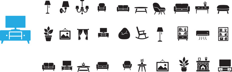 Home Furniture Icons Set Featuring Solid Glyph Icons of Living Room Interior Decor Sofas Armchairs Floor Lamps Television Stands Fireplaces and Minimalist Apartment House Styling Clean Vector © vectorzking