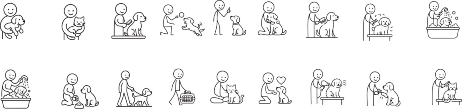Pet Grooming Icons Set Featuring 28 Editable Line Art Icons of Dog and Cat Care Animal Adoption Hair Trimming Washing Shampooing Travel Carriers and Paw Prints Clean Outline Vector