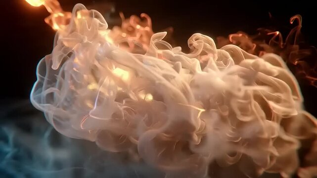 A vibrant cloud of swirling smoke and flames rises upwards dramatically.