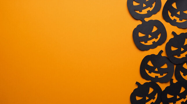 Halloween orange background featuring jack o lantern paper cut out right border, copyspace for spooky party invitation, greeting card, banner, poster, flyer and seasonal autumn design