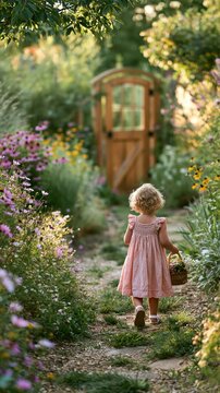 Hot Summer season lifestyle theme. A vivid portrayal of a young child, likely a toddler, walking through a lush garden. The child, wearing a delicate pink dress with ruffled sleeves.