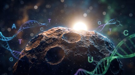 Fototapeta premium A rugged asteroid drifting through a dark starfield, surrounded by glowing adenine, thymine, cytosine, guanine and uracil symbols, with translucent molecular ribbons and faint dust particles.