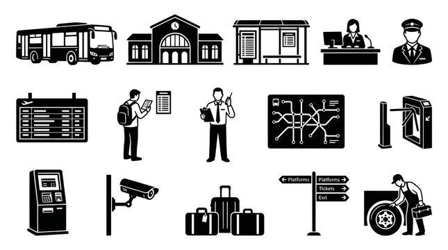 Black  White Glyph Travel  Transportation Icon Set with Public Transport and Airport Elements