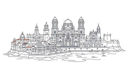 Cadiz Skyline Drawing: Historic Architecture, Cathedral Landmark, Coastal City © jono
