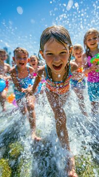 Hot Summer season lifestyle theme. A vibrant outdoor photograph captures a joyful moment of children splashing water. The main subject is a young girl in the foreground, her face lit up with joy.