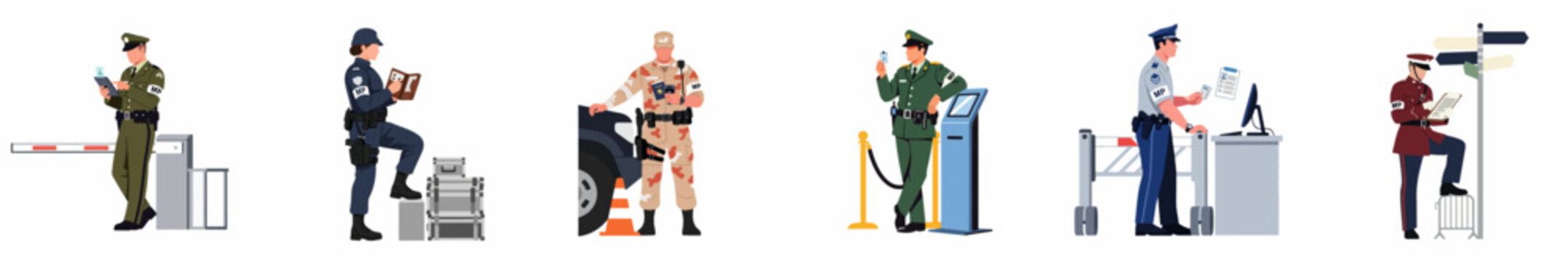 Set of flat vector illustrations depicting military police officers performing various security duties, such as checking IDs, passports, and monitoring checkpoints.