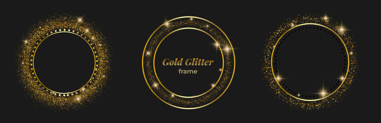 Fototapeta premium Gold glitter circle frame set. Sparkle dust, dotted ring, outline borders. Shiny particle, star burst accents. For luxury banner, award, premium label, logo. Vector glowing elements.