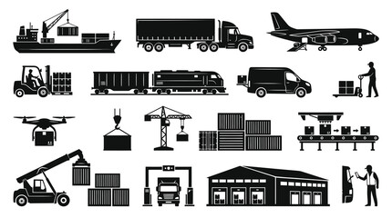 Obraz premium Logistics and Delivery Icons: Cargo Ship, Truck, Plane, Train, Warehouse, Drone