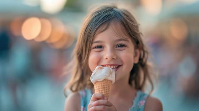 Hot Summer season lifestyle theme. A candid portrait of a young girl, captured in a shallow depth of field. She holds a waffle cone filled with creamy white ice cream, her mouth slightly open.